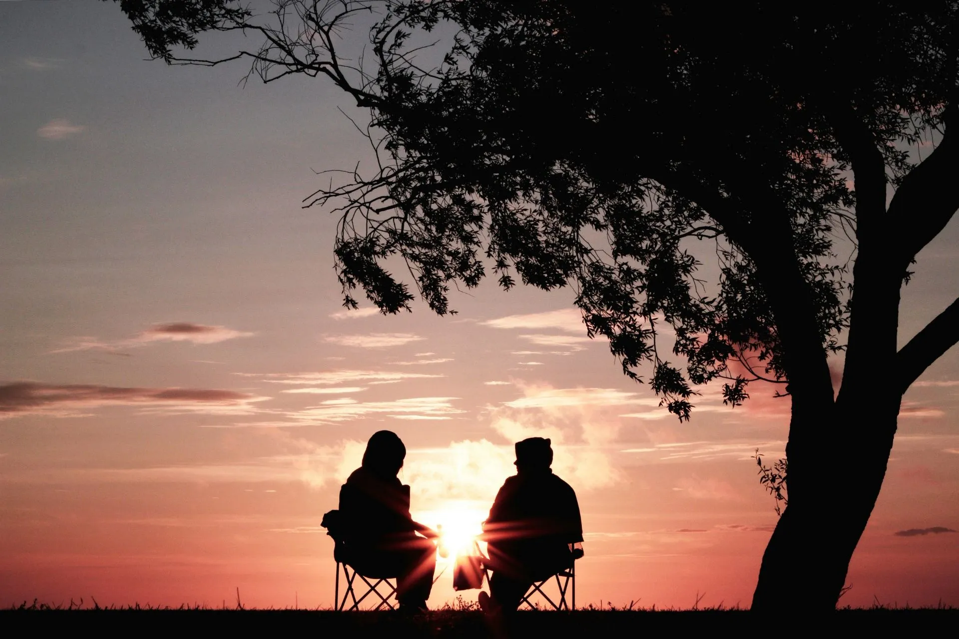 Silhouette von zwei Personen, die in der Dämmerung auf Stühlen in der Nähe eines Baumes sitzenn