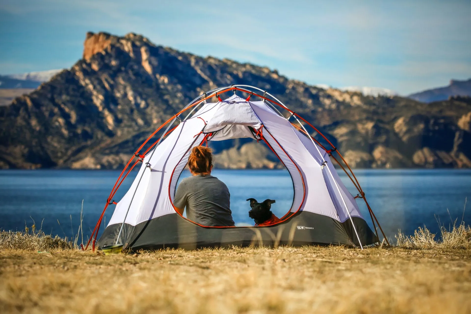 Zelt mit Frau und Hund Blick auf See