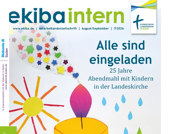 Öffnet externen Link in einem neuen Fenster Quelle: Ekiba-ZfK ekiba intern Titelseite mit gelber Stumpemkerze Darauf das Christussymbol und ein Fisch unten links ein Herz, oben links eines Sonne, Von der roten Flamme gehen Herzen und Sterne im "Rauch nach links oben. Rechts über der Kerze Der Text: Alle sind eingeladen 25 Jahre Abendmahl mit Kindern in der Landeskirche