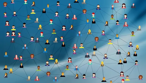 Grafik mit einem Netzwerk aus Personen auf blauem Hintergrund
