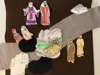 Godly Play Material zum Gleichnis vom barmherzigen Samariter: Im Paket befinden sich 1 dunkelbraunes Filztuch, 1 graues Filzstück als Weg, 2 schwarze Filzstücke (Felsen), 9 Holzteile (6 Holzfiguren, 2 Städte, 1 Eselbild) und eine goldfarbene Gleichnisschachtel mit dunkelbraunem Punkt