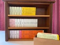 Godly Play Material zu den Büchern der Bibel: Ein Bücher-Regal aus Holz mit 66 Buch-Attrappen (beschriftet), sowie eine Holzschachtel mit 67 laminierten farblich zugeordneten Inhaltskarten zu den Büchern der Bibel