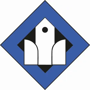 Signet offene Kirche / Raute in der Mitte schwarz, blauer Rand darüber eien weiße Kirche