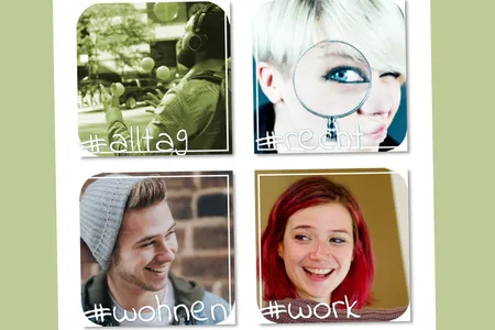 Quelle: EOK/Werbung himmlische Berufe/Foto von Matt Bero/Montage, von Emiliano Vittoriosi, von Jeremy Mc Knight und Parabol the agile meeting toolbox auf unsplash Gesichter von zwei jungen Männern und zwei jungen Frauen im Würfel angeordnet stehen für die vier Rubriken des Start-Pakets #life, #recht, #wohnen, #work